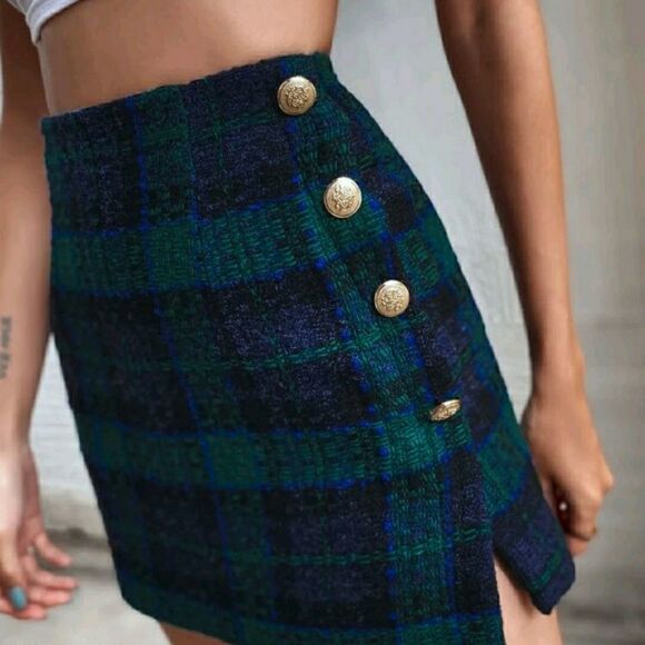 Plaid Button Mini Straight Skirt - Picture 6 of 8